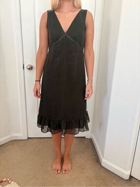 Banana Republic Olive Green V-Neck Midi Dress with Ruffle Hem